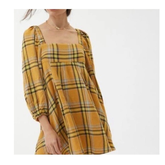 Urban Outfitters Mini Dress Yellow peasant Plaid Square Neck Tie Back XS  NWT